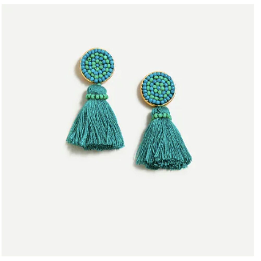 J. Crew Vivid Jade Beaded Tassel Stud Earrings